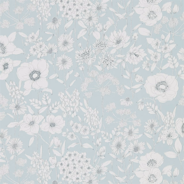 Pale mineral blue wallpaper with white wildflowers, leaves and fine botanical outlines