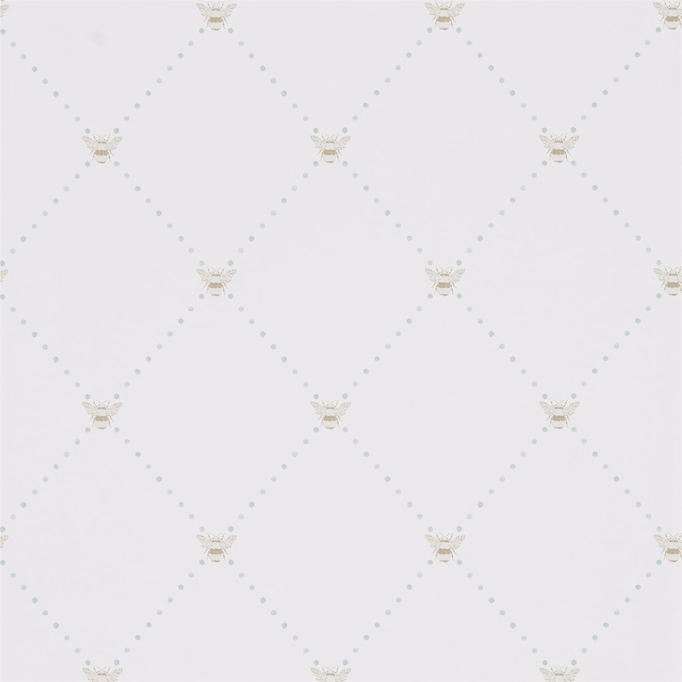 Pale dove-grey wallpaper with dotted diamond lattice and small beige bee motifs
