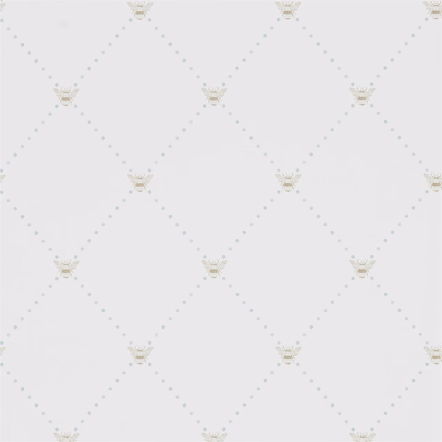 Pale dove-grey wallpaper with dotted diamond lattice and small beige bee motifs
