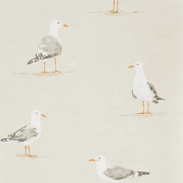 Pale driftwood wallpaper with white gulls, grey wings and ochre beaks
