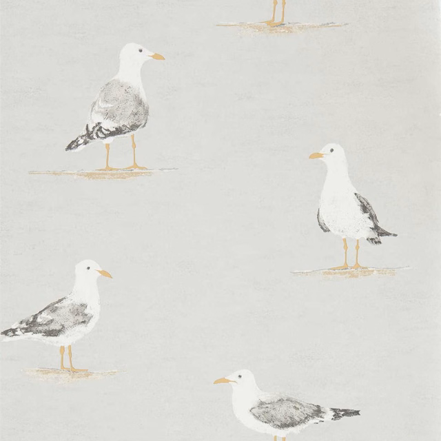 Pale dove-grey wallpaper with painted white and charcoal gulls and ochre legs