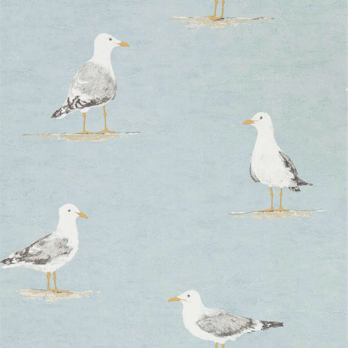 Pale blue wallpaper with scattered white gulls, grey wings and sandy legs