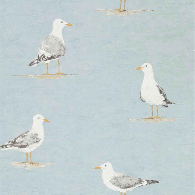 Pale blue wallpaper with scattered white gulls, grey wings and sandy legs