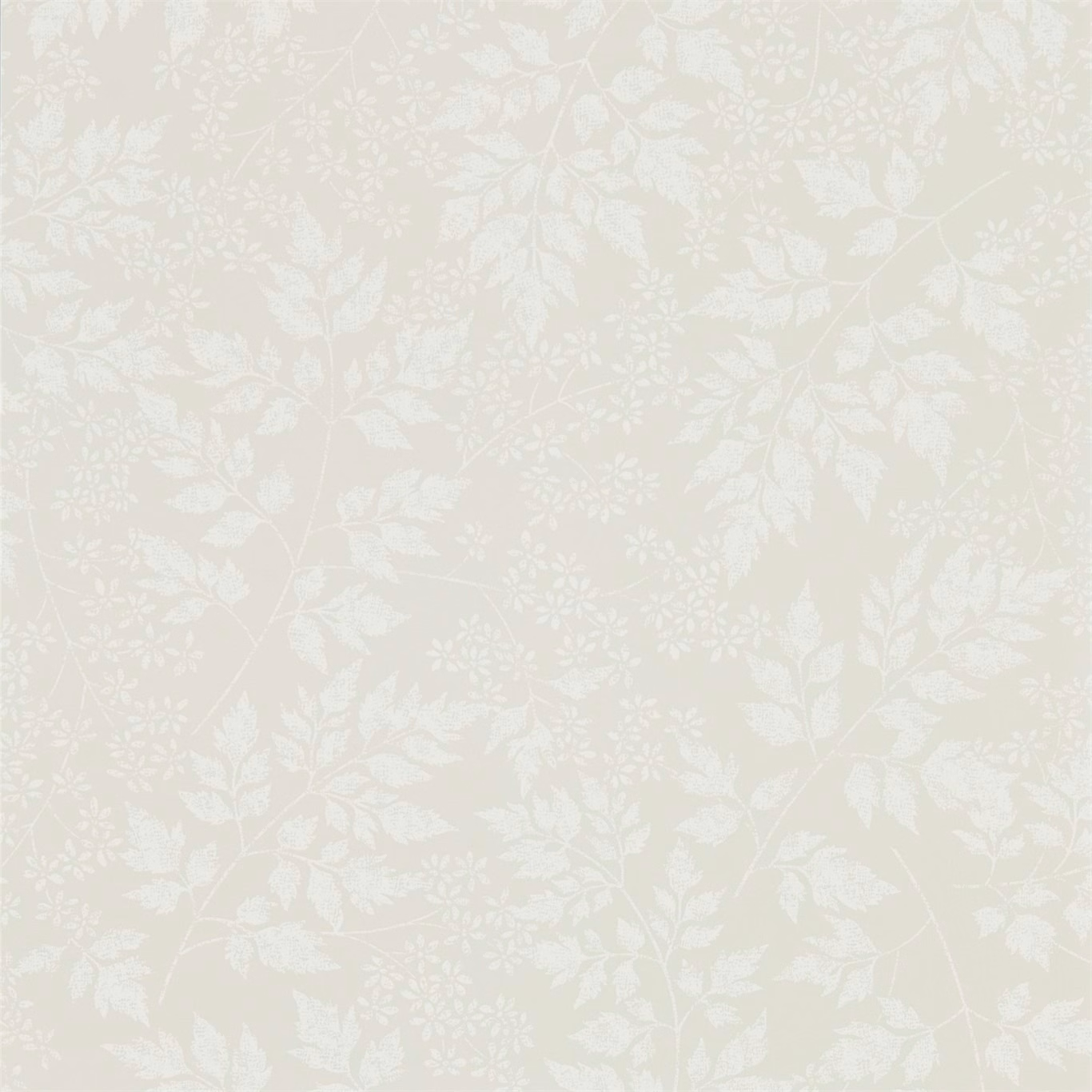 Pale sage-grey wallpaper with ivory leaves, stems and clustered floral sprigs