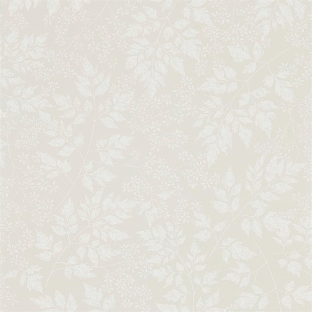 Pale sage-grey wallpaper with ivory leaves, stems and clustered floral sprigs