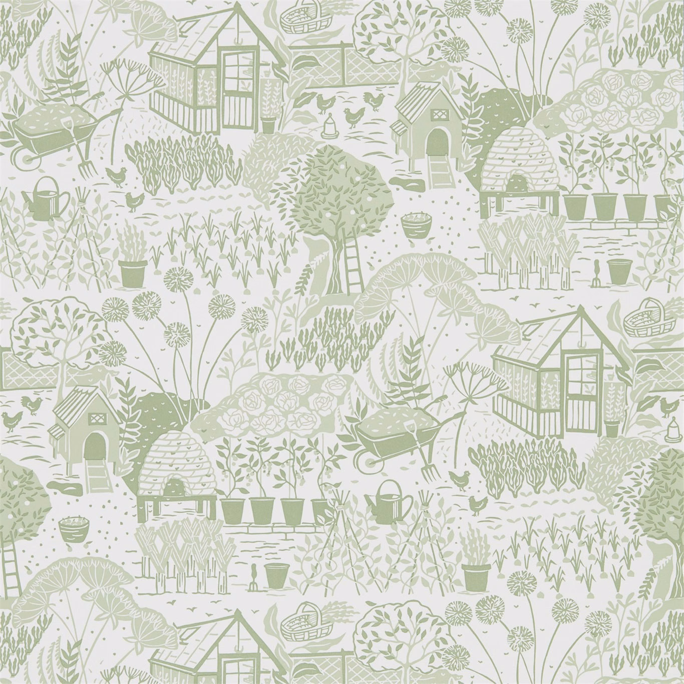 Pale ivory wallpaper with soft fennel-green allotment scenes, pots, greenhouse and vegetable beds