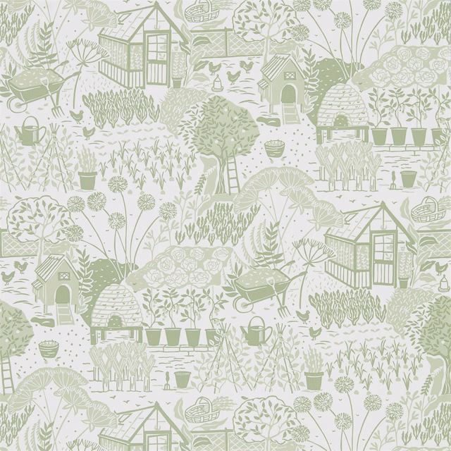 Pale ivory wallpaper with soft fennel-green allotment scenes, pots, greenhouse and vegetable beds