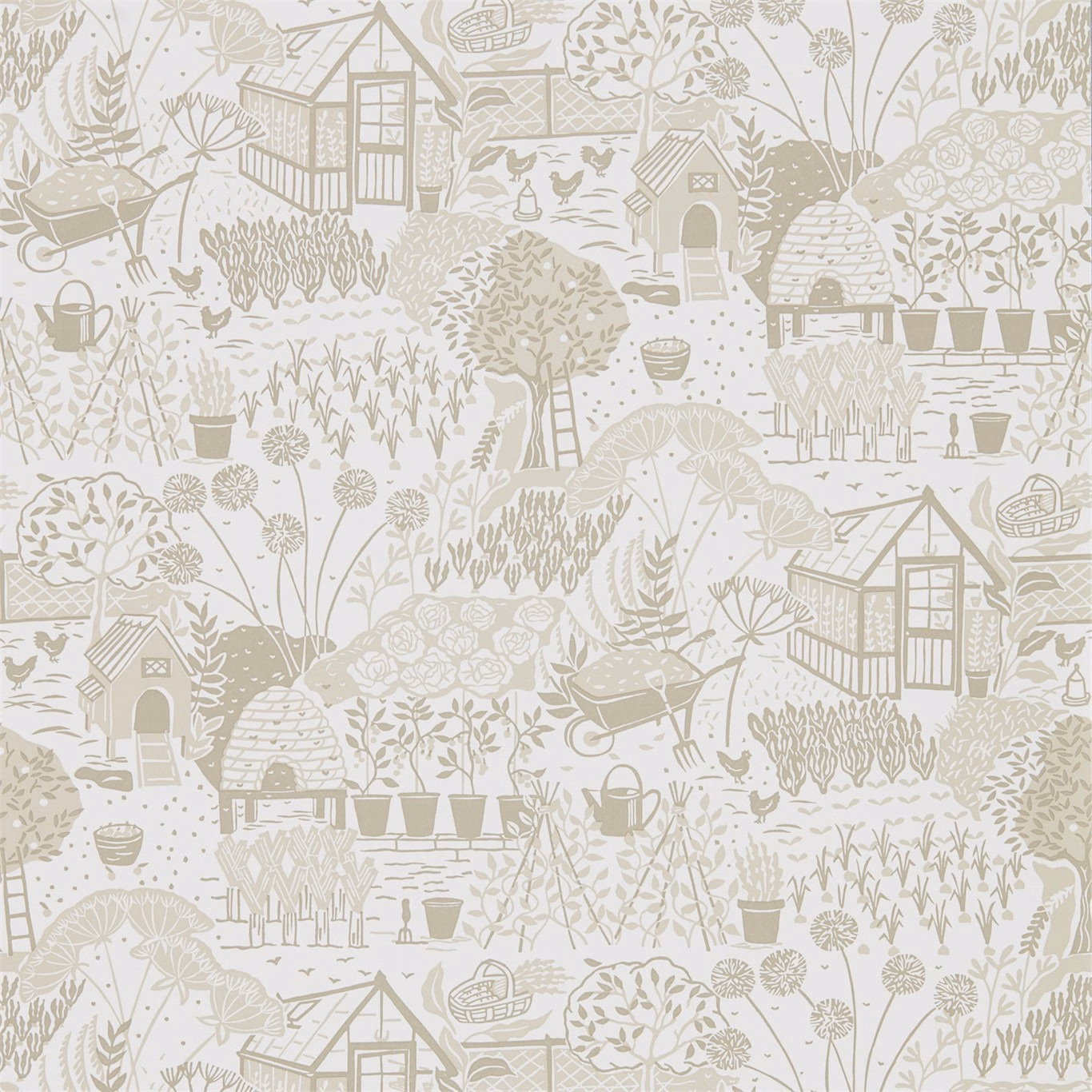 Ivory wallpaper with pale sage allotment scenes, greenhouse, beehive and flower motifs
