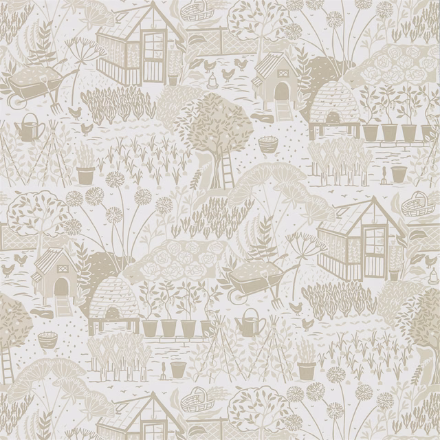 Ivory wallpaper with pale sage allotment scenes, greenhouse, beehive and flower motifs