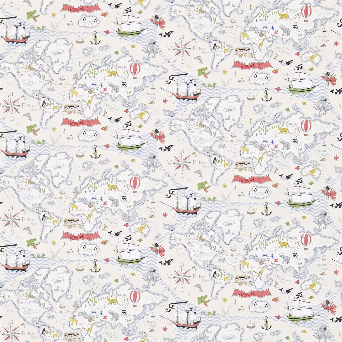 Vanilla wallpaper with blue-grey maps, ships, compass roses and red balloons
