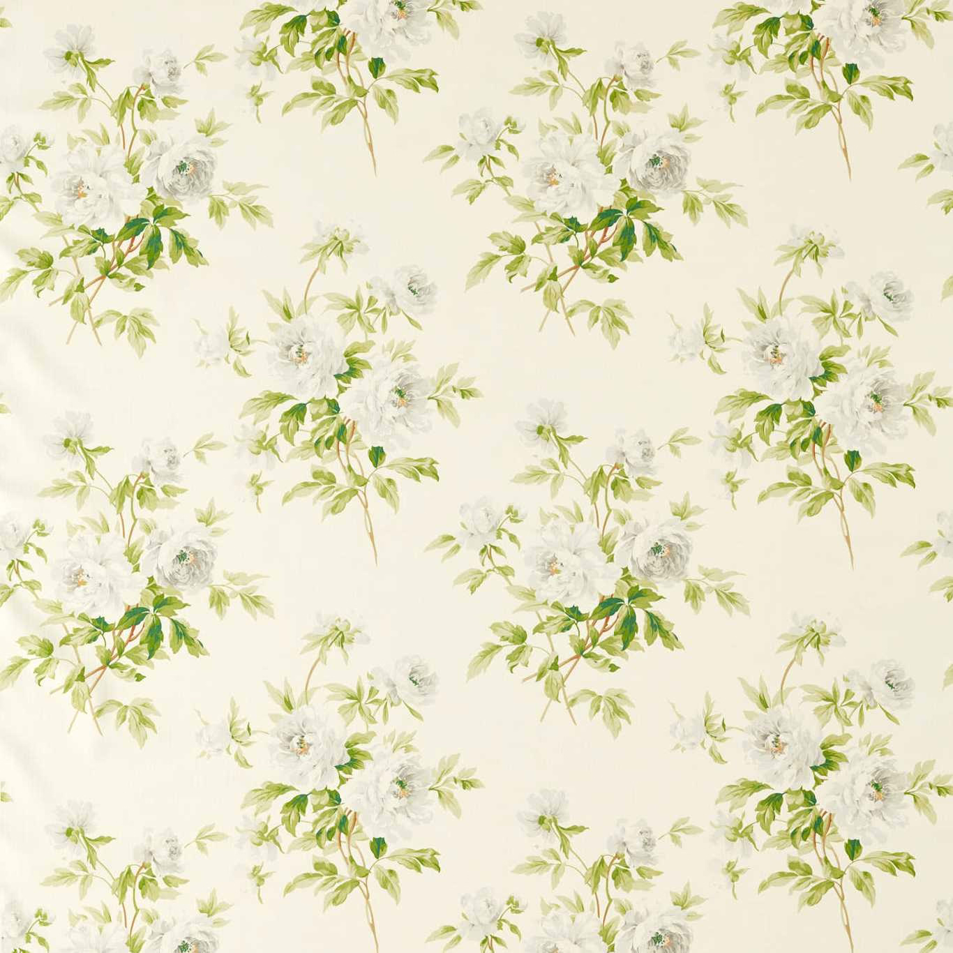 Cream floral fabric with white blossoms and apple-green leaves in a loose repeat