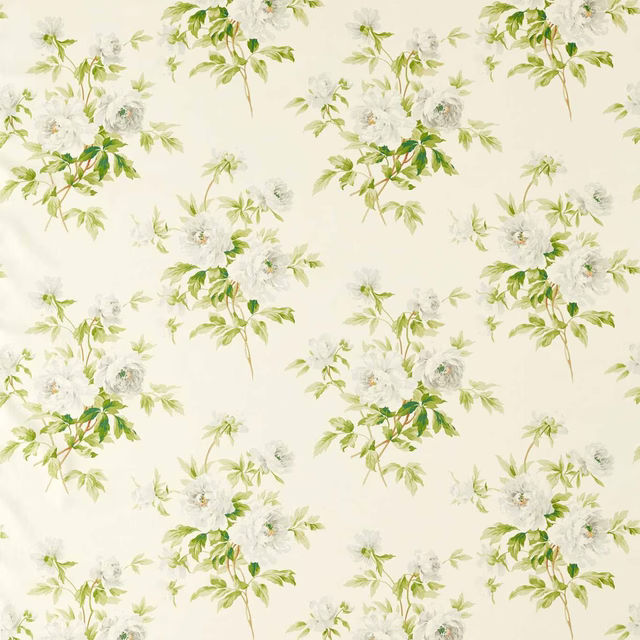 Cream floral fabric with white blossoms and apple-green leaves in a loose repeat