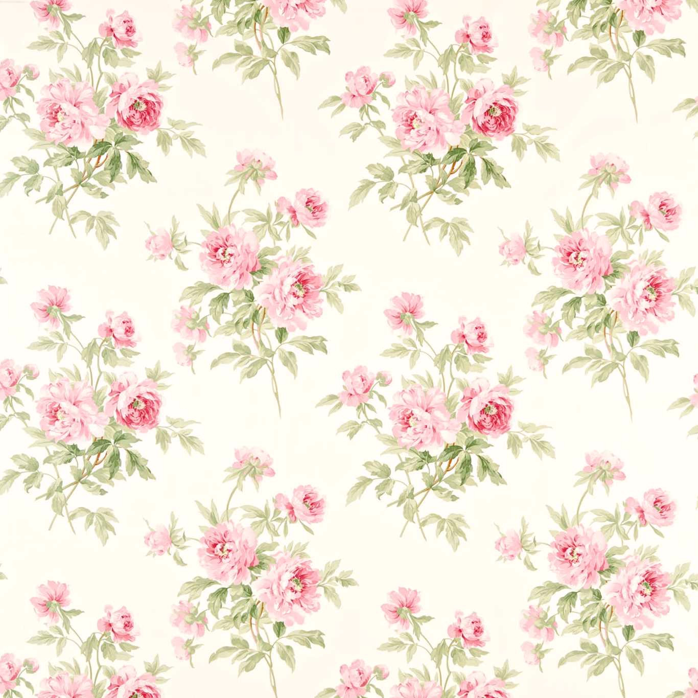 Pink rose bouquets with pale green leaves on a cream floral fabric