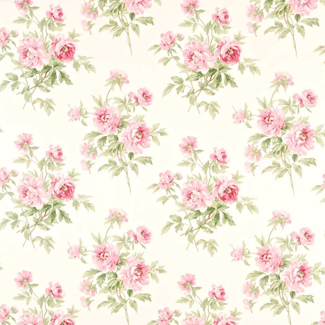 Pink rose bouquets with pale green leaves on a cream floral fabric