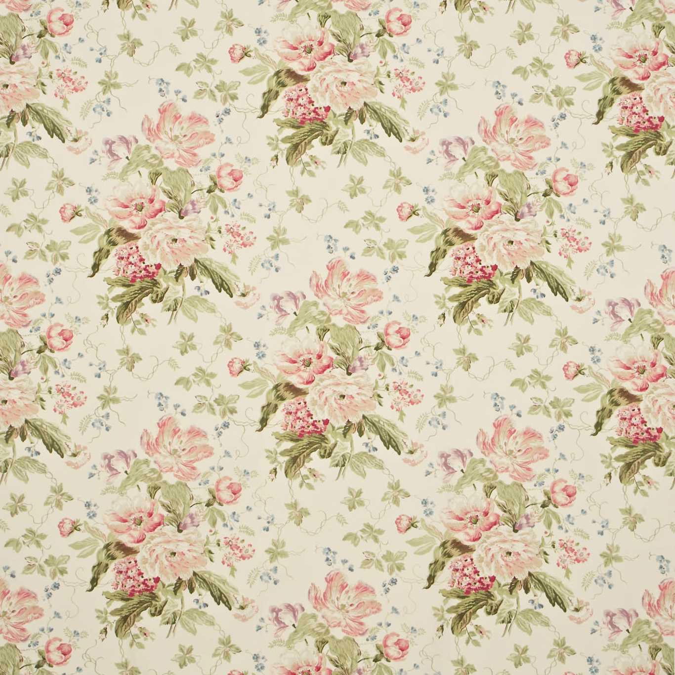 Cream floral fabric with rose blooms, green leaves and small blue sprigs