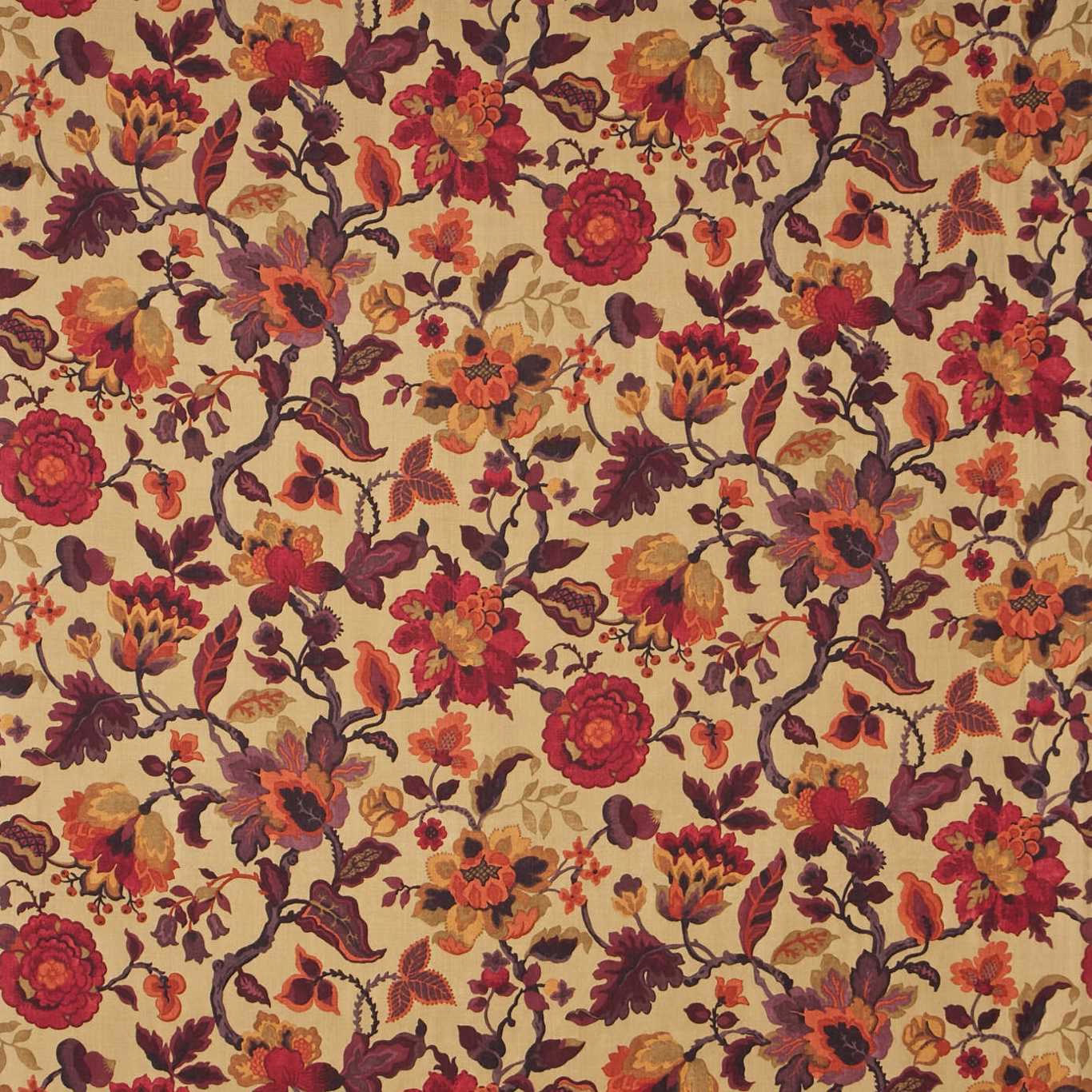 Dense floral fabric with warm gold ground, aubergine stems and coral blooms