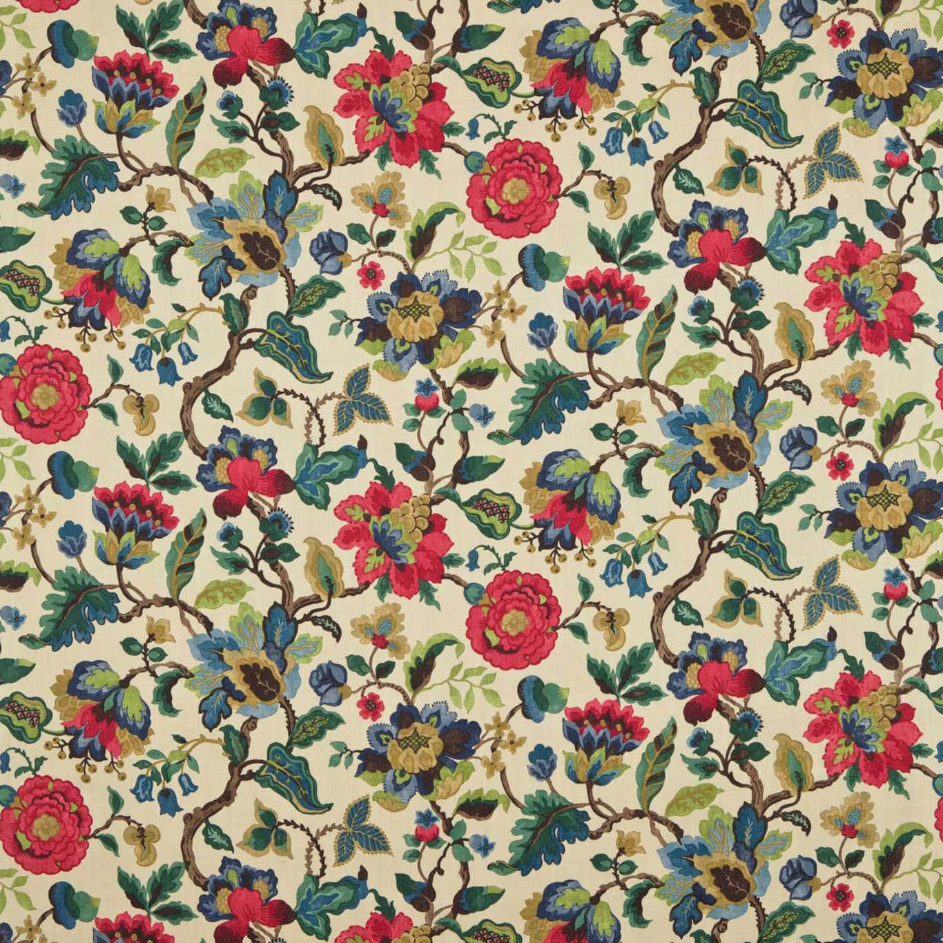 Cream-ground floral fabric with ruby, emerald, teal and gold branches