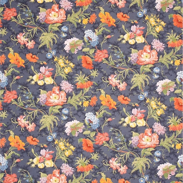 Dark midnight blue floral fabric with bright coral, yellow and pink blooms