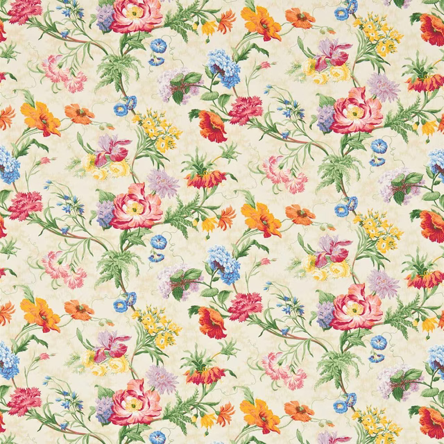 Cream floral fabric with pink, blue, yellow and orange flowers