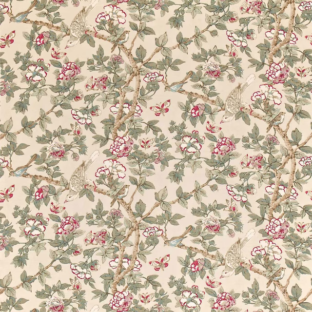 Cream floral fabric with pewter branches, sage leaves and rose-pink blossoms