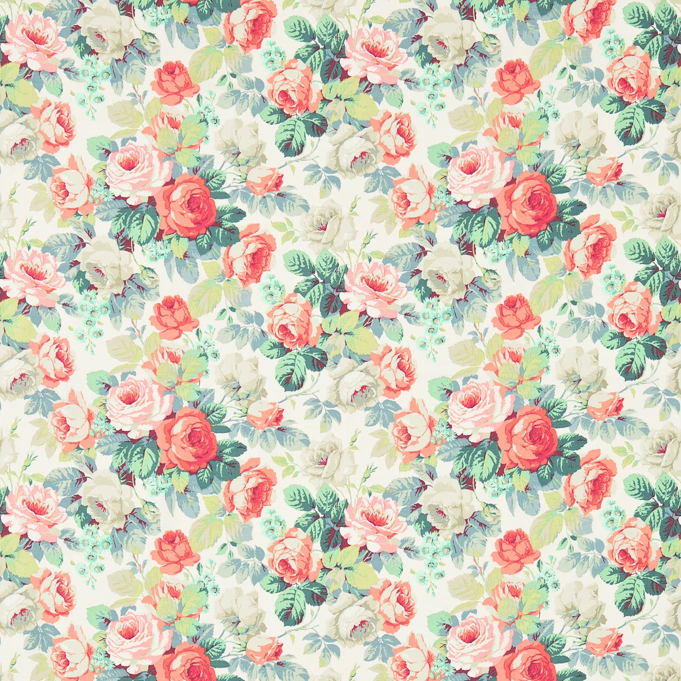 Coral and cream rose print with emerald green foliage on light ground