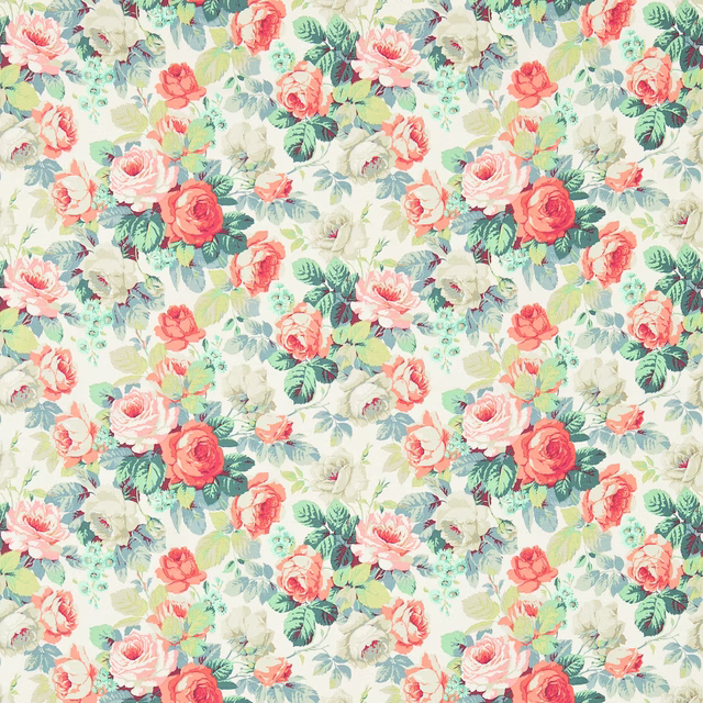 Coral and cream rose print with emerald green foliage on light ground