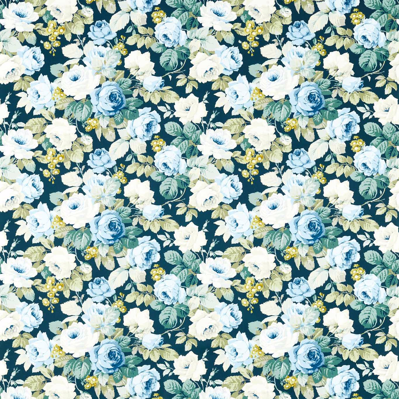 Painterly floral fabric with cream, pale blue and green blooms on a deep teal ground