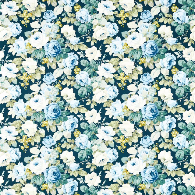 Painterly floral fabric with cream, pale blue and green blooms on a deep teal ground