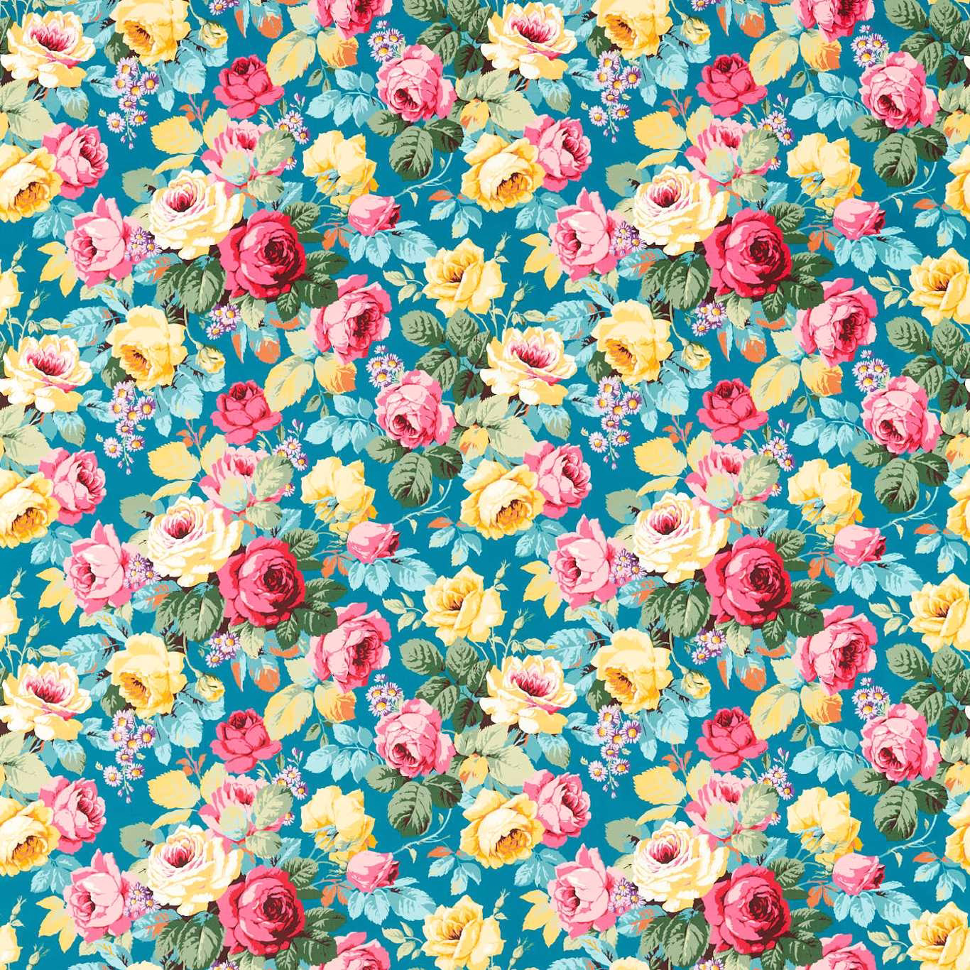 Bright teal floral fabric with pink, yellow and cream roses