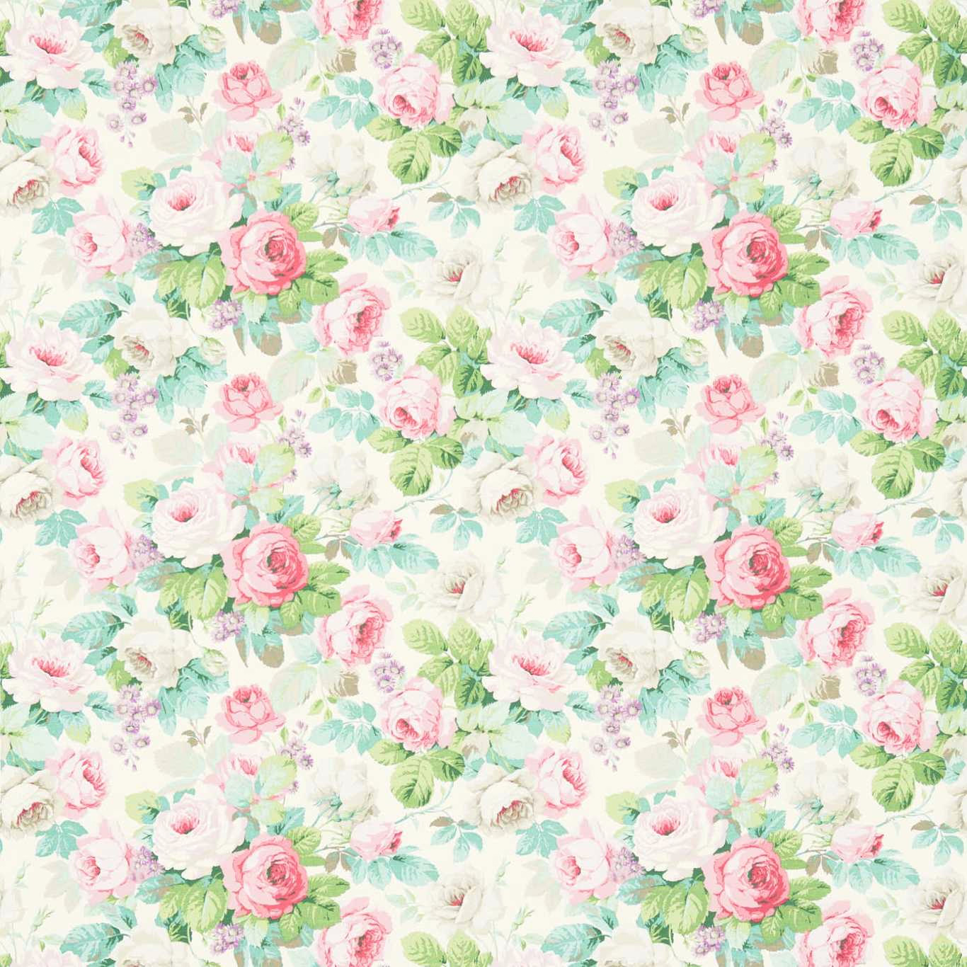 Cream ground floral fabric with pink roses, celadon leaves and green foliage