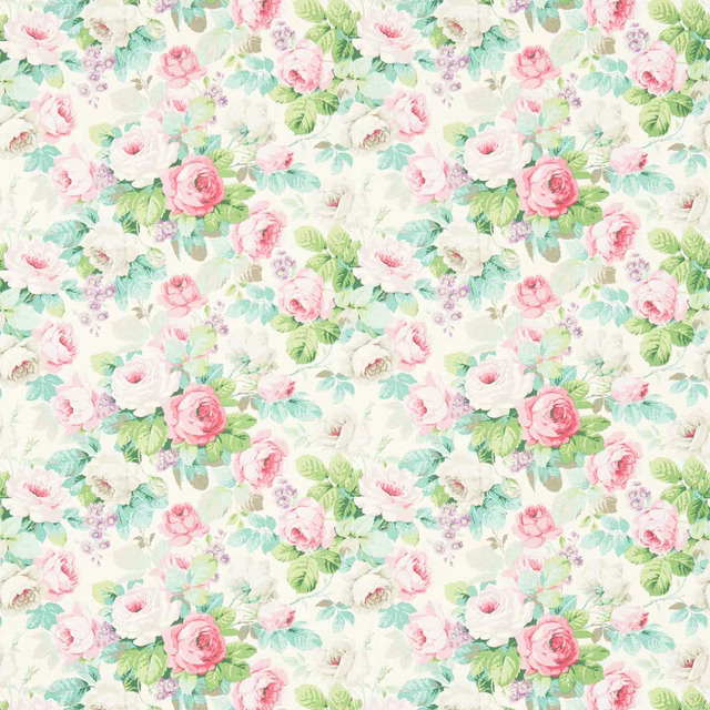 Cream ground floral fabric with pink roses, celadon leaves and green foliage