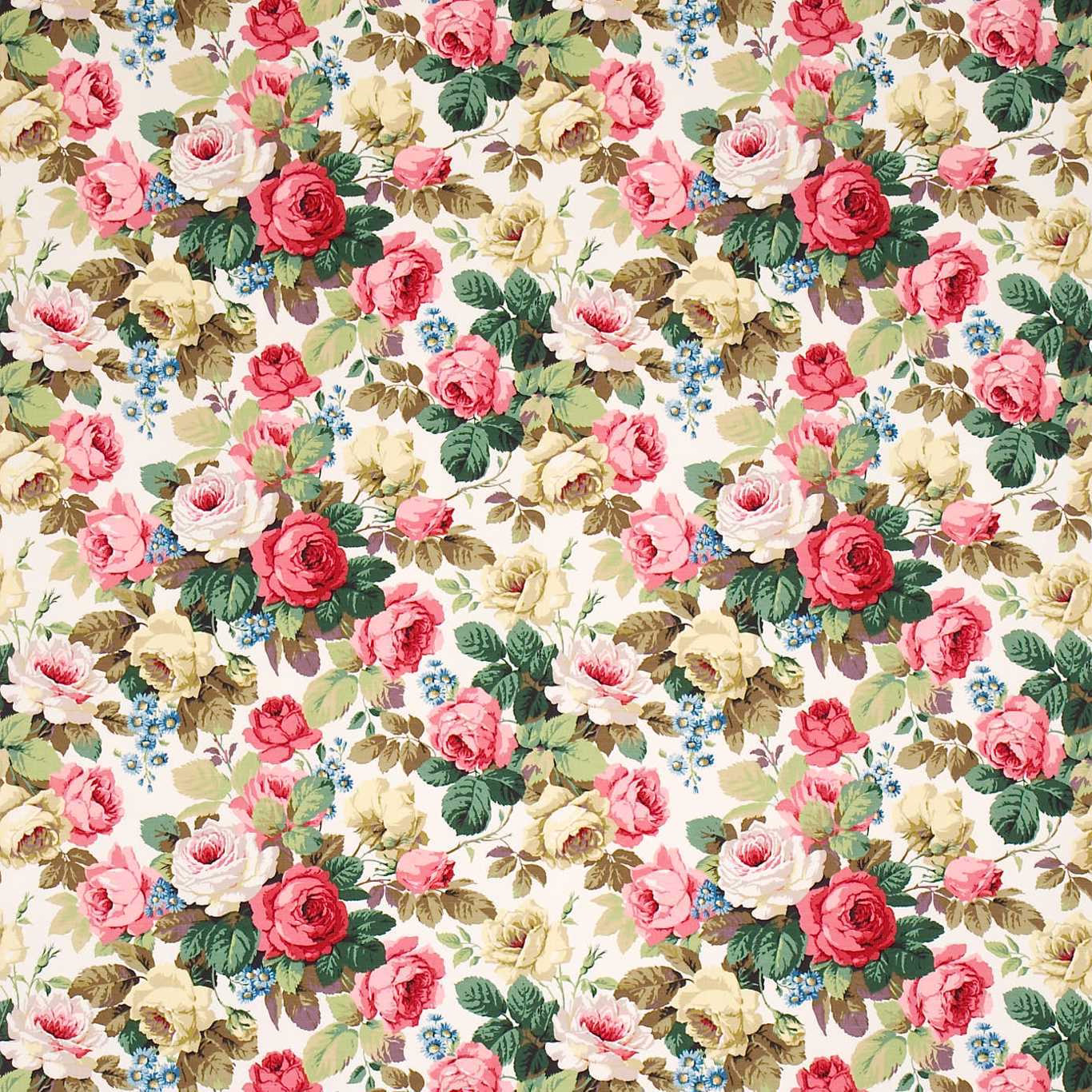 Large-scale rose floral fabric on a soft cream ground with pink, green and blue accents