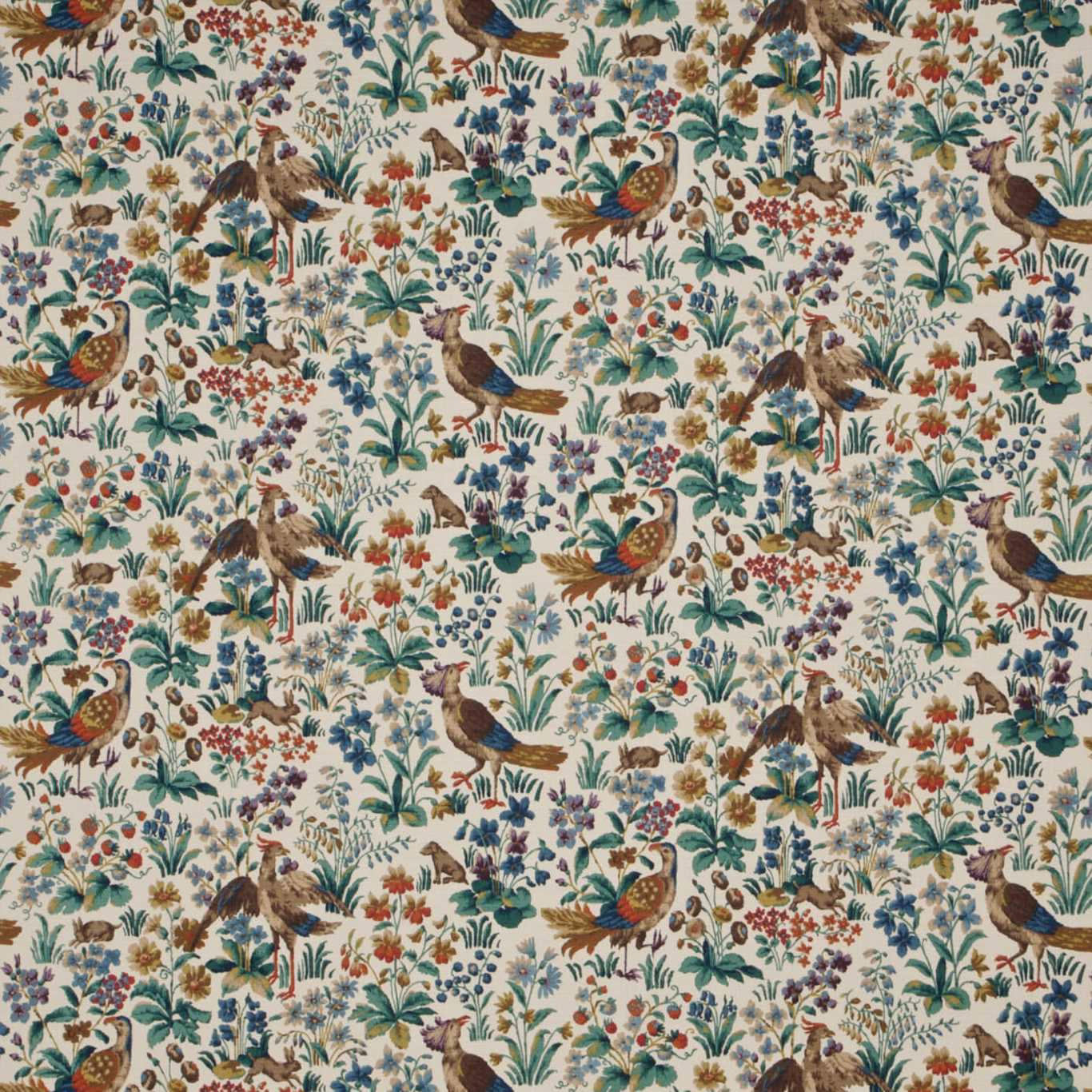 Cream woven fabric with multicolour birds, leaves and floral motifs