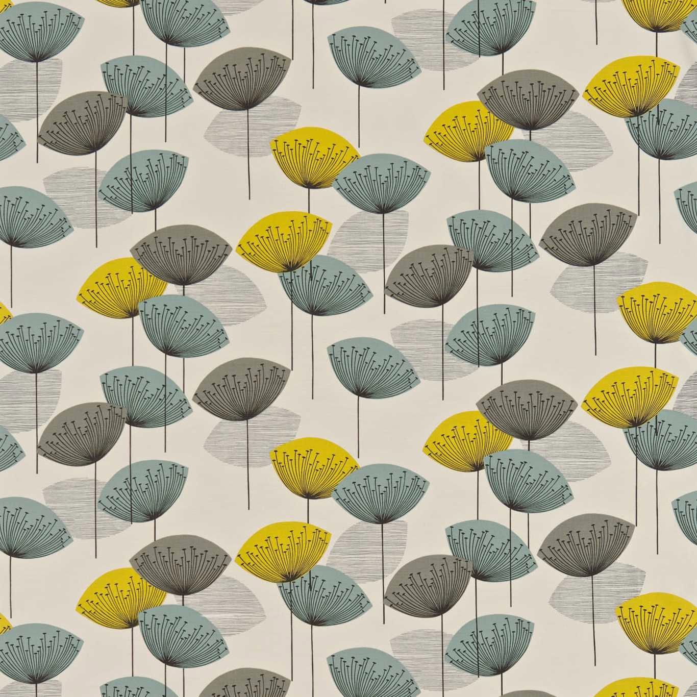 Printed fabric swatch with teal, grey and yellow seedhead motif on cream ground
