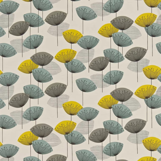Printed fabric swatch with teal, grey and yellow seedhead motif on cream ground