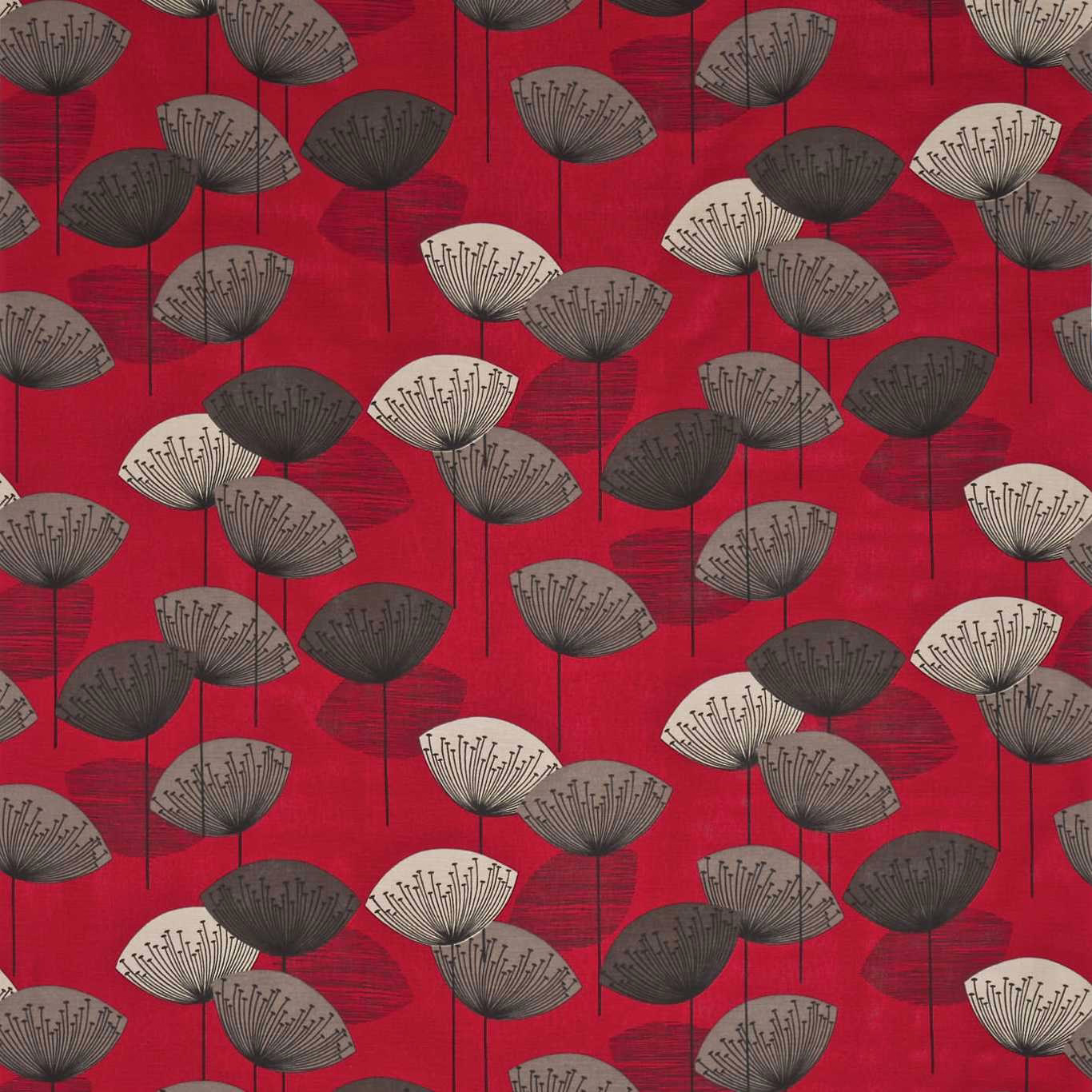 Bright red fabric swatch with large dandelion heads in grey, charcoal and ivory