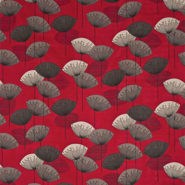 Bright red fabric swatch with large dandelion heads in grey, charcoal and ivory