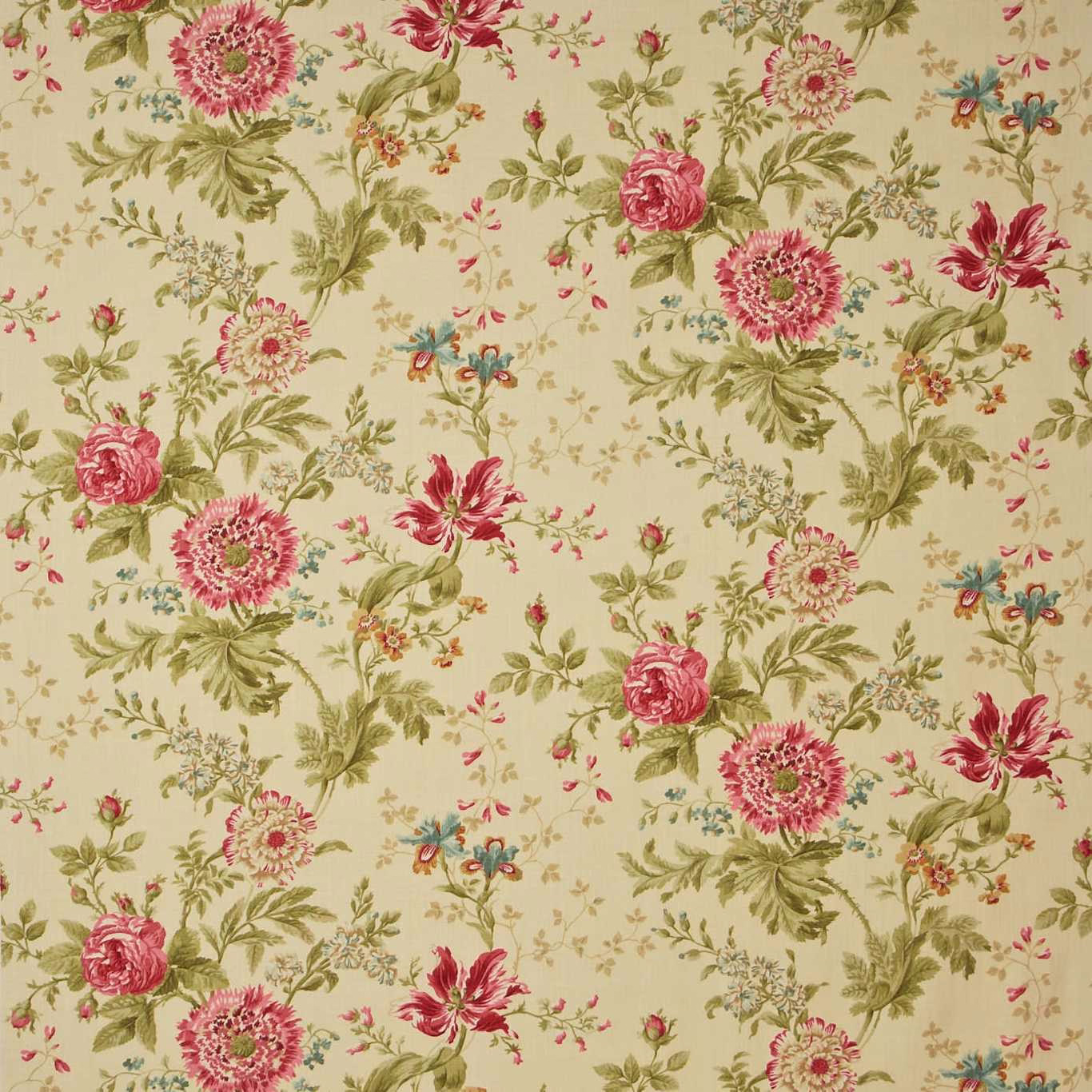 Cream floral fabric with pink blooms, olive leaves and aqua accents