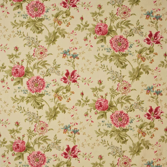 Cream floral fabric with pink blooms, olive leaves and aqua accents