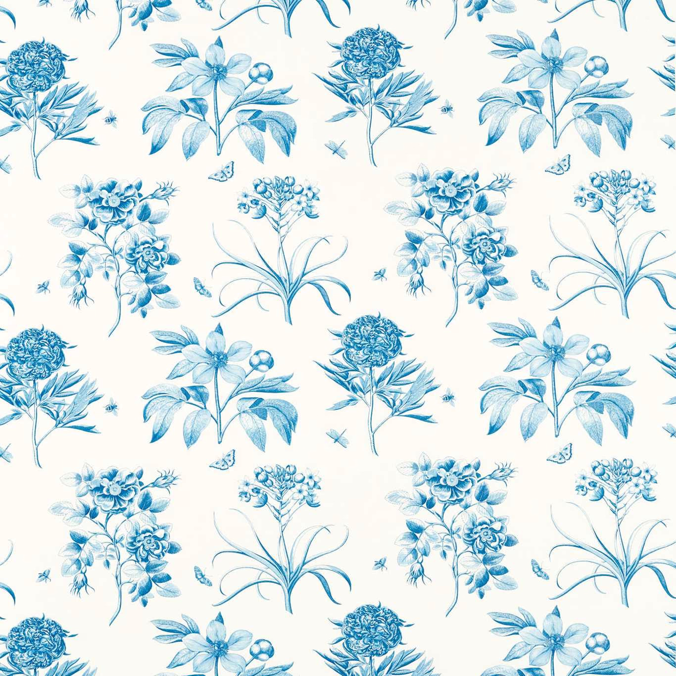 Blue floral botanical fabric on ivory ground with butterflies and etched stems
