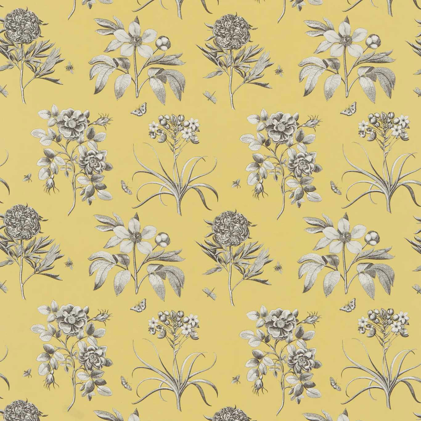 Yellow floral fabric with grey botanical sketches and scattered small insects