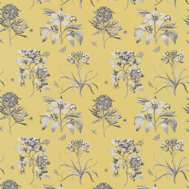 Yellow floral fabric with grey botanical sketches and scattered small insects