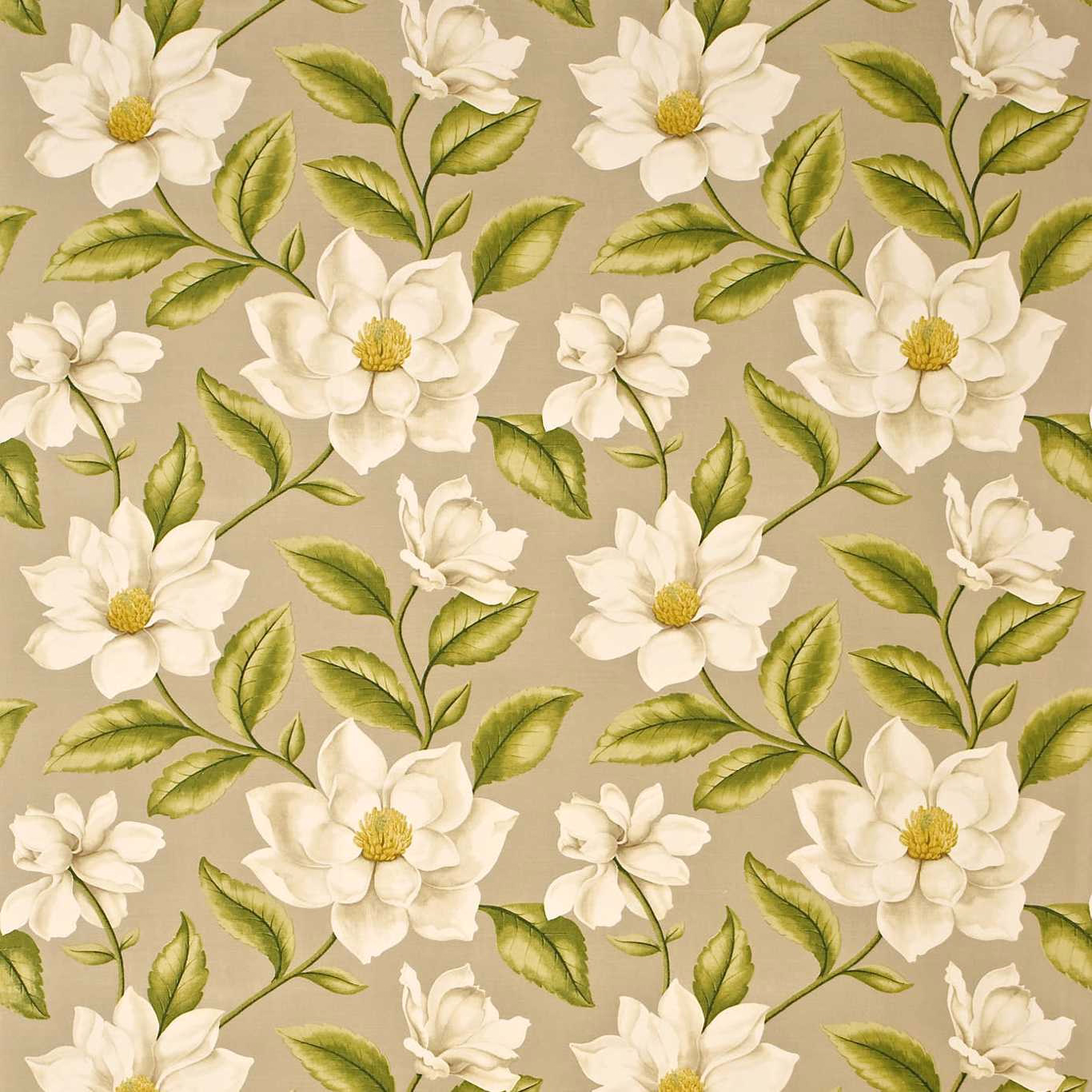 Large white floral print with olive green leaves on a linen ground