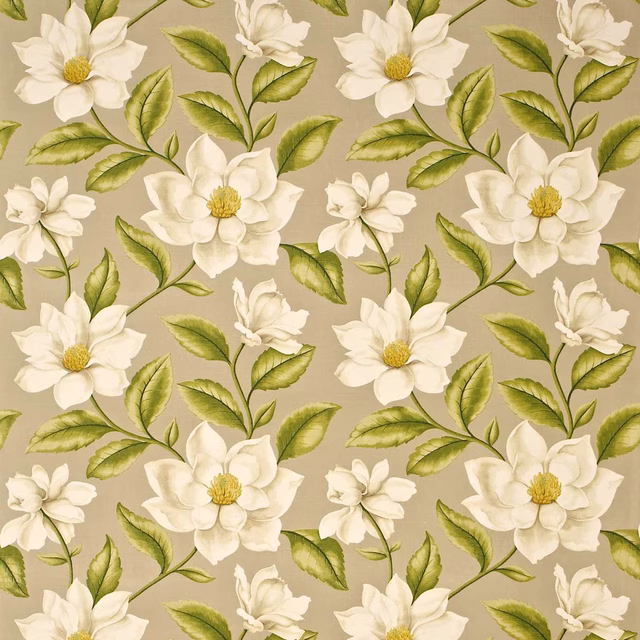 Large white floral print with olive green leaves on a linen ground