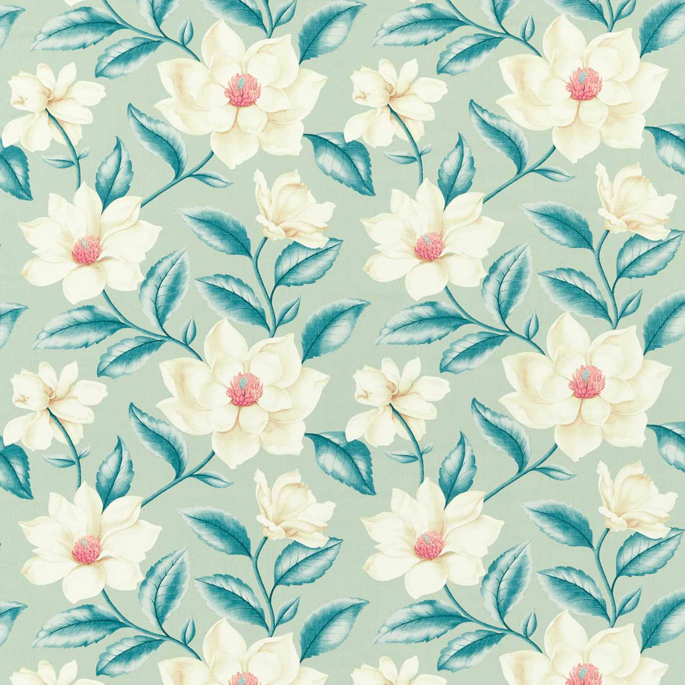 Large cream magnolia flowers with teal leaves on a muted grey-green ground