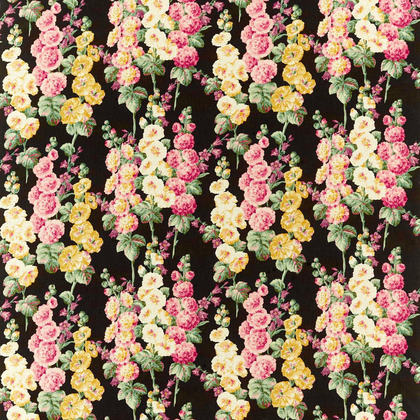 Vertical hollyhock floral fabric with pink, cream and yellow blooms on an ebony ground