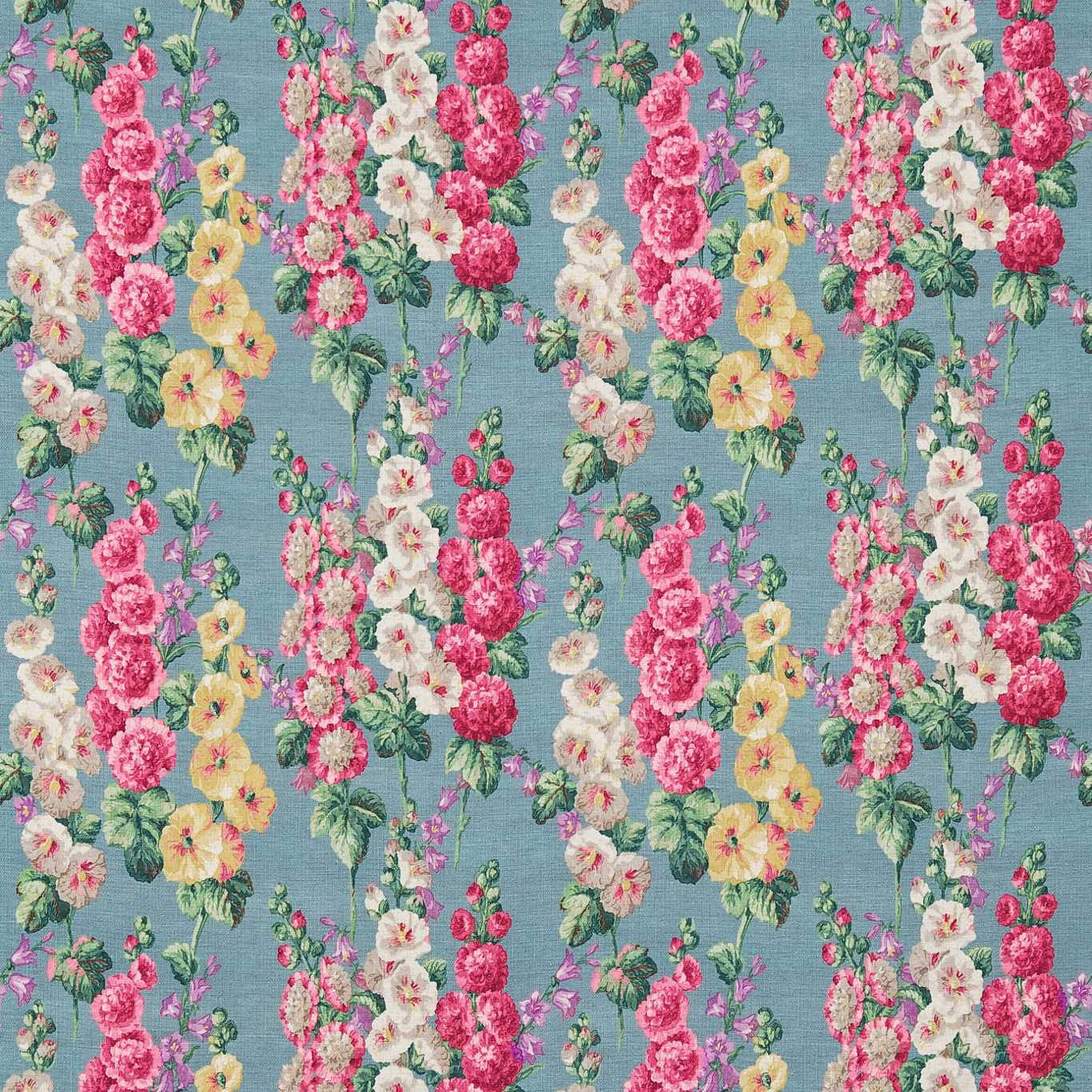 Petrol blue floral fabric with vertical pink, cream and yellow hollyhock stems