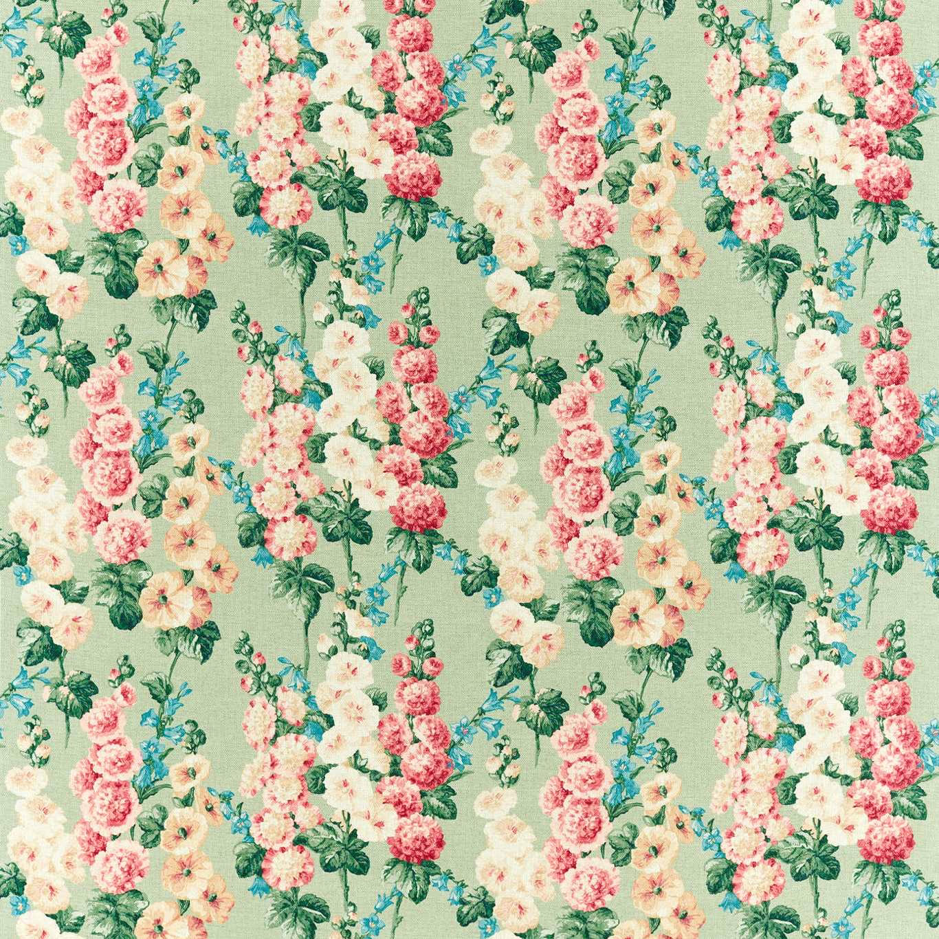 Soft sage floral fabric with pink, cream and coral hollyhock sprigs