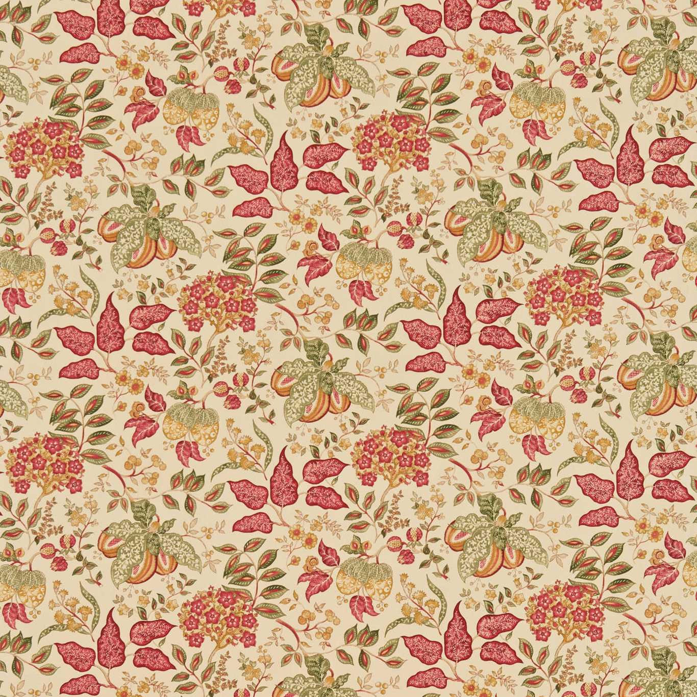 Botanical patterned fabric in gold, red and olive on a cream ground
