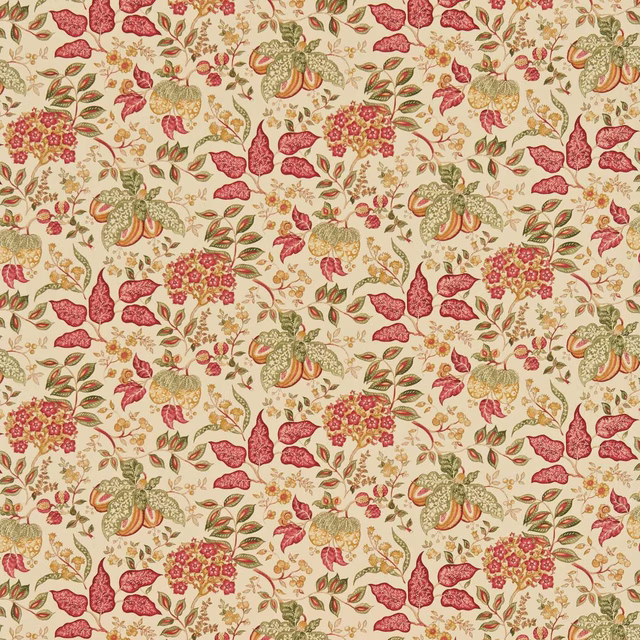 Botanical patterned fabric in gold, red and olive on a cream ground